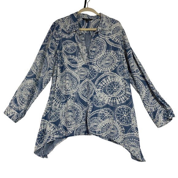 Lyocell Tunic Top Long Sleeve Blue White Pattern Casual Flowy Women Size‎ - Picture 1 of 6